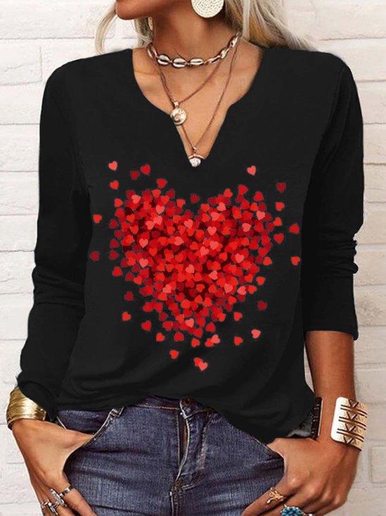 T-Chemise Décontracté Printemps Coeur/cordé Col V Quotidien Ample Jersey Manches Longues Régulier pour Femmes