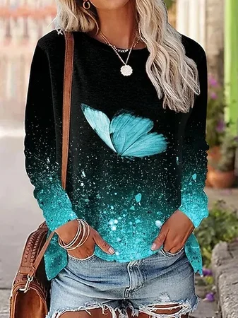 T-shirts Décontracté Printemps / Automne Motif dégradé Aucune élasticité Quotidien Jersey Col Rond Régulier Droit pour Femmes