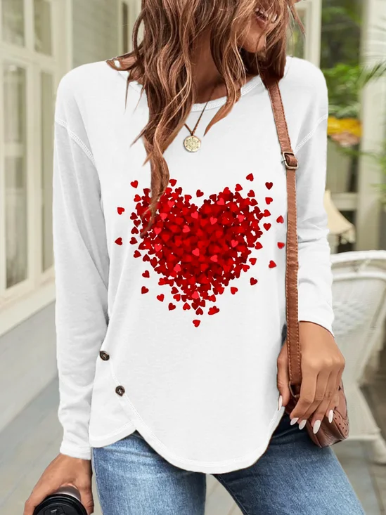 T-shirts Femmes Décontracté Printemps / Automne Coeur/cordé Boutonné Jersey Manches Longues Col Rond Droit Régulier