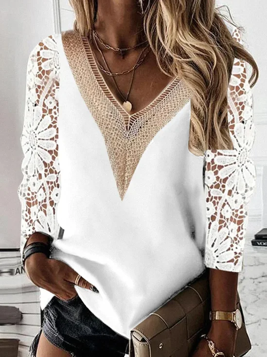 Tops Décontracté Plain Printemps Col V Micro-élasticité Ample Manches Longues Droit Régulier pour Femmes