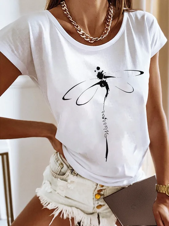 T-shirts Femmes Décontracté Été Libellule Quotidien Ample Manches Courtes Col Rond Régulier Droit