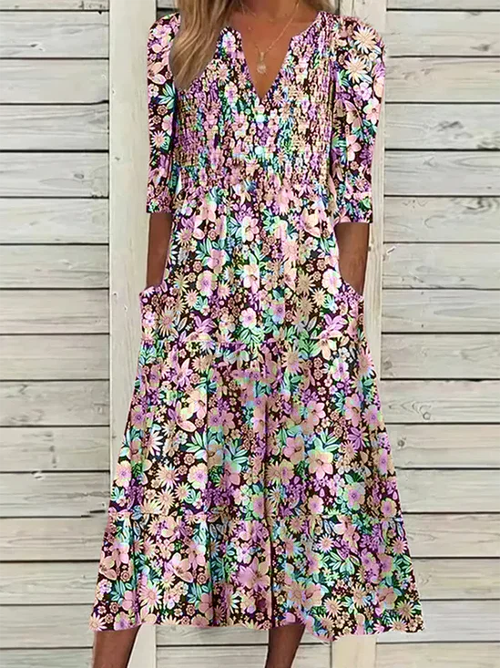 Robe chemise femme floral bohème col v décontracté demi manche