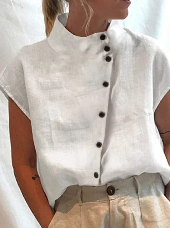 Blouses Plain Été en Lin Col Montant Naturel Aucune élasticité Régulier Régulier T.-N.-L. pour Femmes