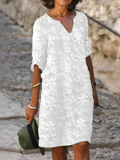 Robes Femmes Plain Été en Lin Col V Quotidien Coupe Régulière Coton Et Lin Demi Manche Trapèze
