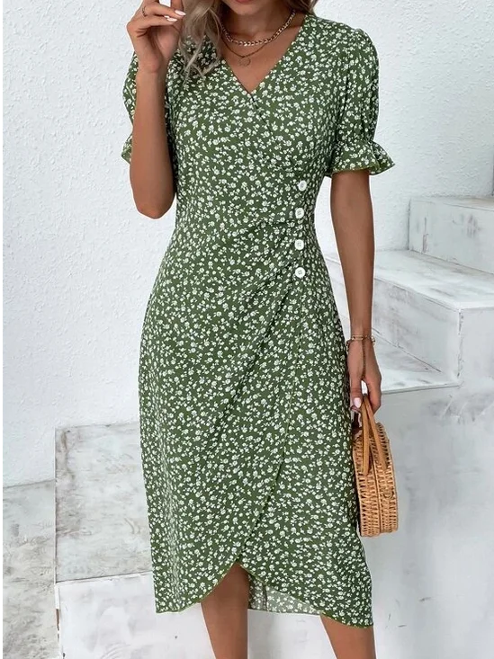 Robes Femmes Été Vacances Floral Motif Naturel Mi-longue Manches Courtes Régulier VCA Non