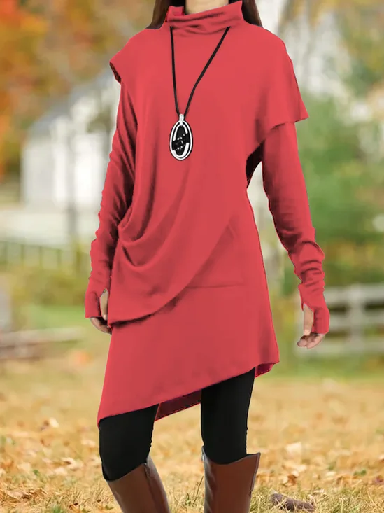 Femmes Plain Noir Col Roulé Confortable Robe Mi-Longue Décontracté