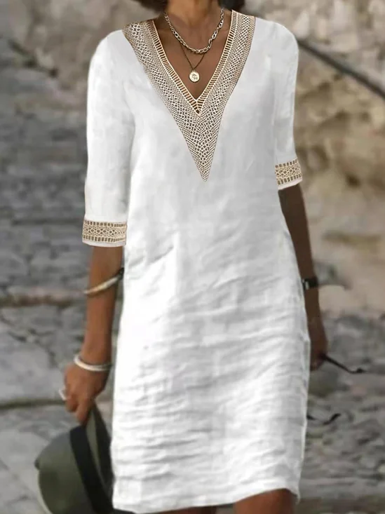 Robe Décontracté Col V Plain Été Coton Micro-élasticité Ample Jupe Régulier Dentelle pour Femmes 