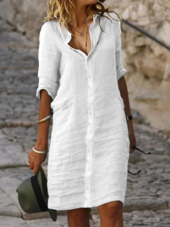 Robes Femmes Plain Été en Lin Boutonné Quotidien Court Coton T.-N.-L. Non