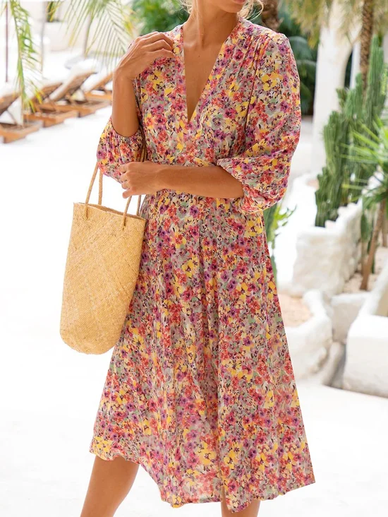 Robes Printemps / Automne Vacances Disty Floral Polyester Aucune élasticité Ample Mi-longue Régulier SV pour Femmes