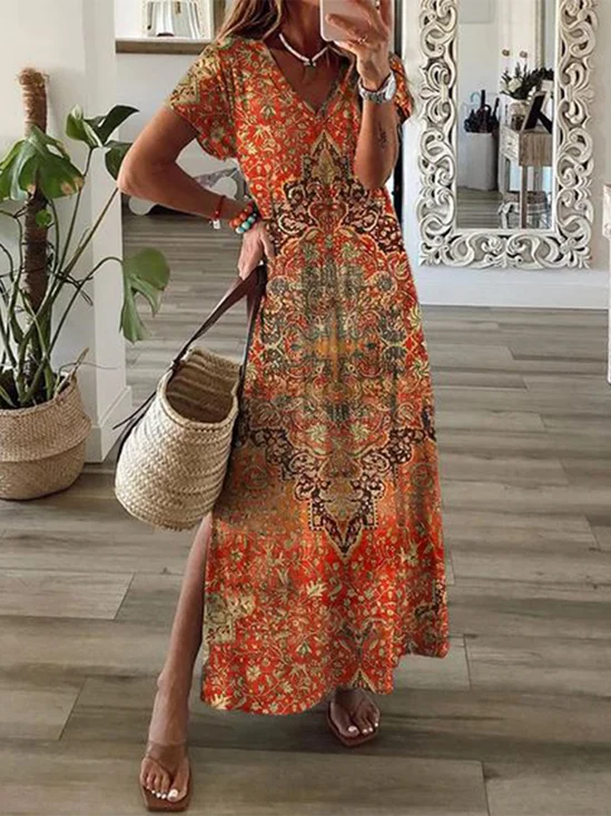 Robes Femmes Rétro Ethnique Été Naturel Aucune élasticité Ample Jersey Manches Courtes Non