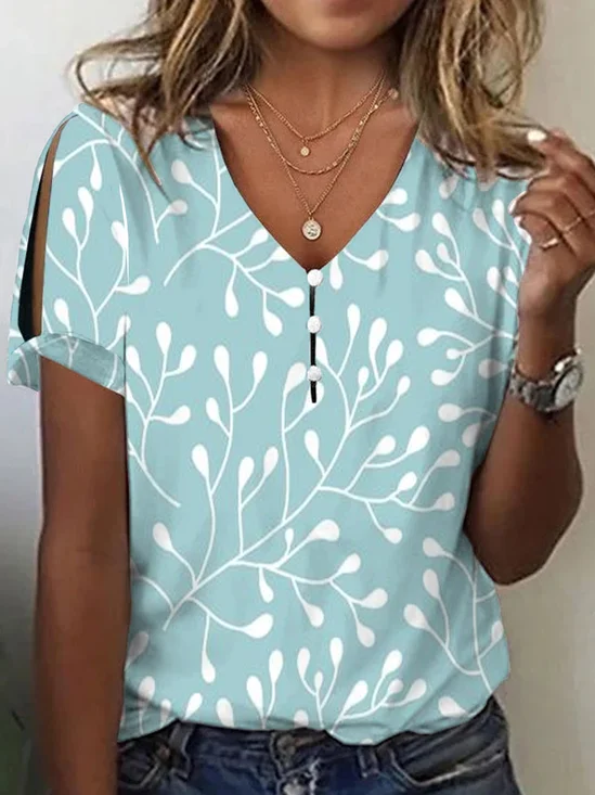 Chemises Femmes Décontracté Été Feuille Col V Boutonné Ample Meilleure vente Manches Courtes RS