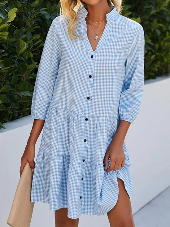 Robes Décontracté Été Plaid Polyester Col Montant Micro-élasticité Ample Standard Tunique pour Femmes