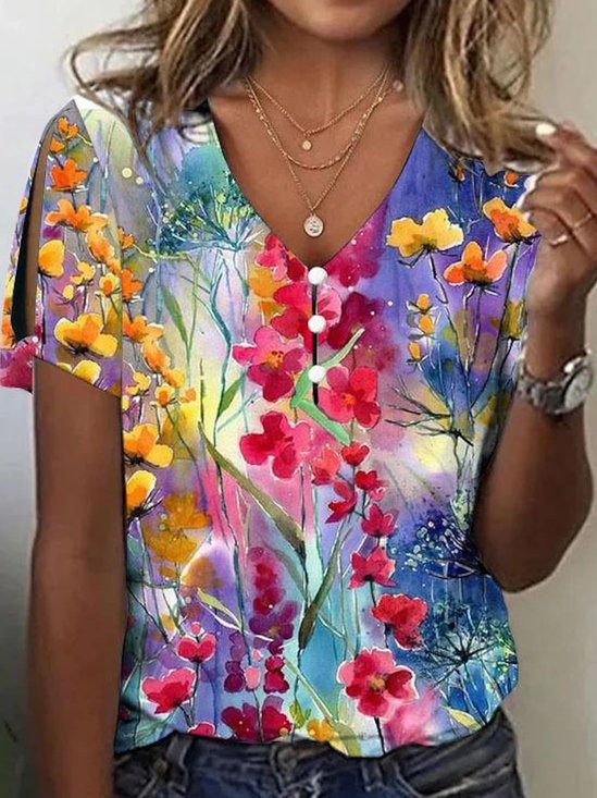 Chemises Décontracté Floral Été Boutonné Aucune élasticité Ample Jersey RS FF pour Femmes