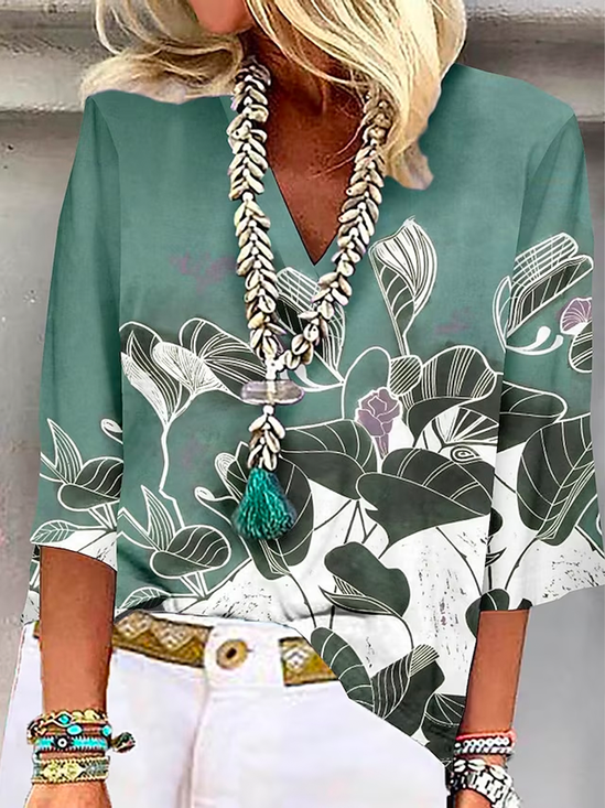 Chemises Décontracté Floral Printemps / Automne Polyester Col V Aucune élasticité Quotidien Meilleure vente Manches 3/4 pour Femmes