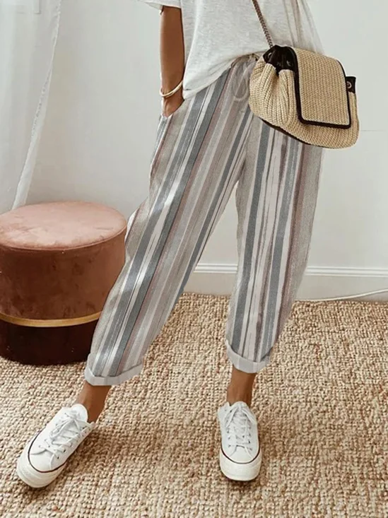 Pantalons Femmes Rayé Décontracté Toutes Les Saisons Polyester Naturel Aucune élasticité Quotidien Long Droit