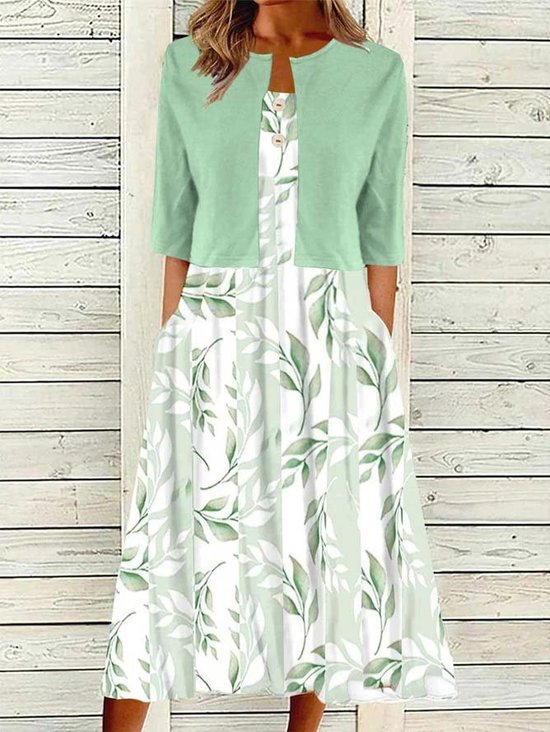 Deux Pièces Ensembles Femmes Printemps / Automne Élégant Floral Motif Léger Jersey Manches 3/4 Col Rond Manteau avec jupe Élasticité moyenne
