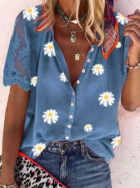 Blouses Femmes Floral Été Vacances Polyester Col Montant Manches Courtes Droit Régulier SV