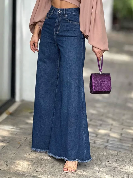 Jeans Plain Toutes Les Saisons Urbain Naturel Aucune élasticité Ample Long Trapèze Régulier pour Femmes