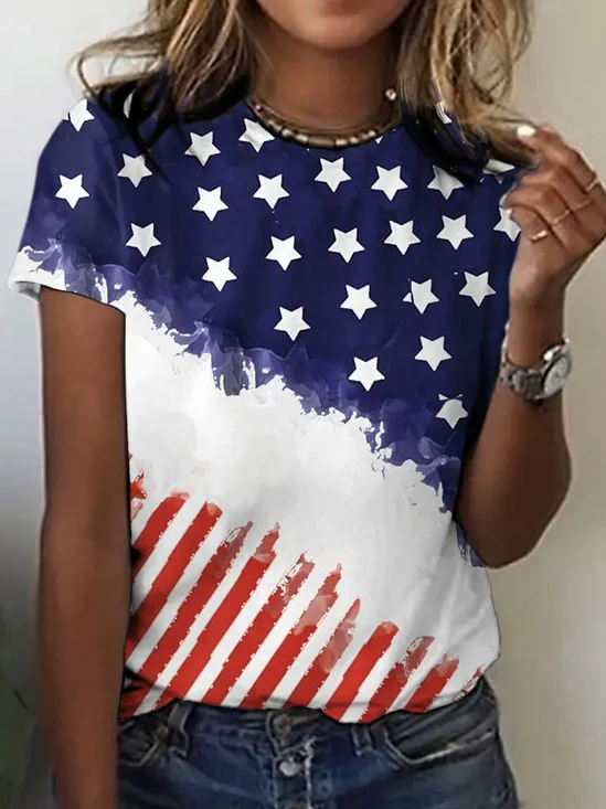 T-shirts Décontracté Été Drapeau des États-Unis Aucune élasticité Quotidien Manches Courtes Col Rond Régulier Droit pour Femmes