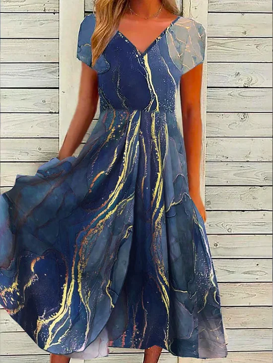 Robes Femmes Décontracté Abstrait Été Polyester Col V Vacances Maxi Meilleure vente Manches Courtes