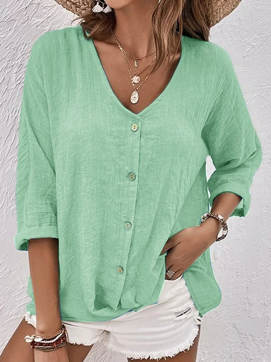Blouses Femmes Plain Printemps / Automne en Lin Col V Aucune élasticité Ample Manches 3/4 Droit Régulier