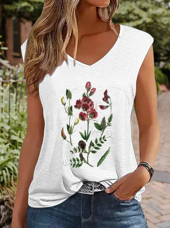 Top Débardeur Tops Été Simple Lettres de texte Col V Quotidien Mancheron en Mélangé de Coton Ligne X Régulier pour Femmes