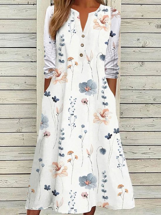 Femmes Floral Blanc Entaillé Confortable Boucle Robe Mi-Longue Décontracté