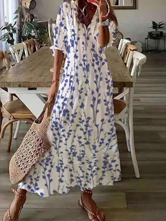 Robe Caftan Femmes Décontracté Bleu Floral Printemps Col V Aucune élasticité Quotidien Long Meilleure vente Trapèze