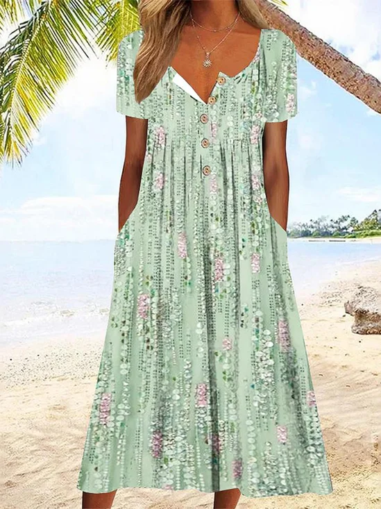 Femmes Floral Vert Col Rond Confortable Boutonné Robe Maxi Décontracté