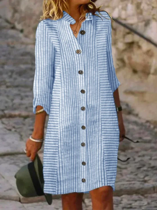 Robes Rayé Décontracté Été Manches 3/4 Régulier Robe Chemise Col de Chemise DL Non pour Femmes