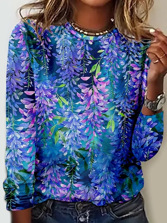 Chemisiers1 Femmes Printemps / Automne Simple Bleu Floral Polyester Micro-élasticité Coupe Régulière Col Rond Régulier Droit