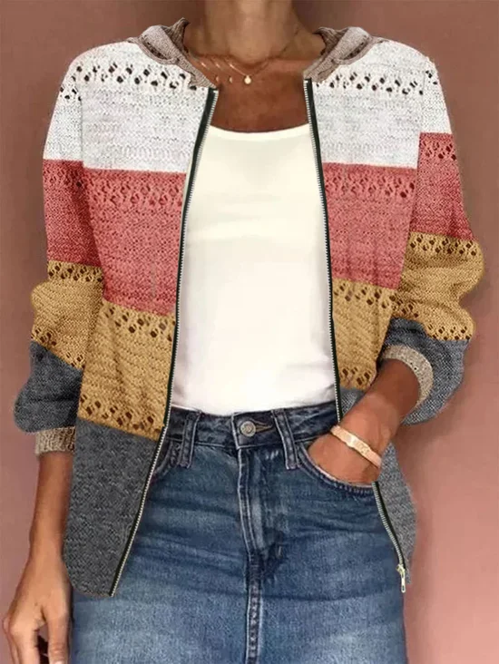 Cardigans Décontracté Printemps / Automne Contrasté Couture Sweat-shirt à Capuche Naturel Quotidien Ample Mi-long Régulier pour Femmes