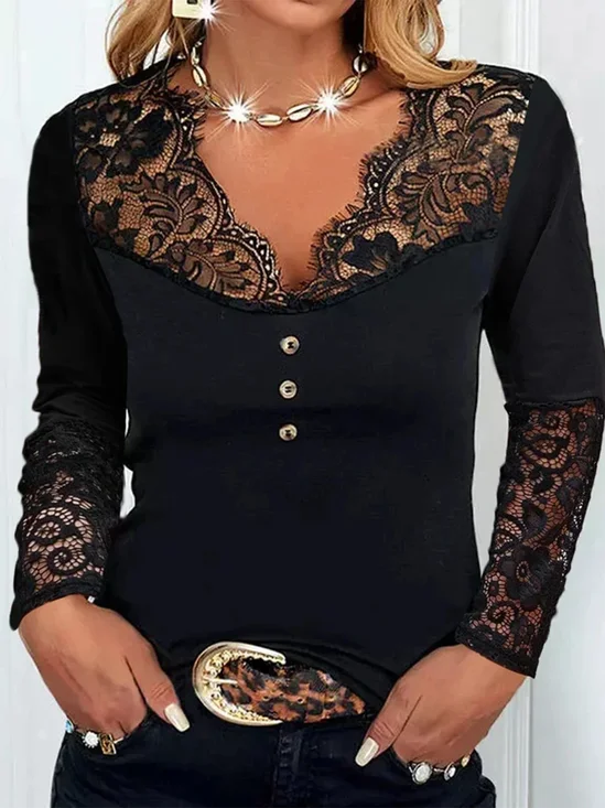 T-shirts Décontracté Plain Printemps / Automne Col V Micro-élasticité Dentelle Jersey Manches Longues Régulier Pour Grande taille