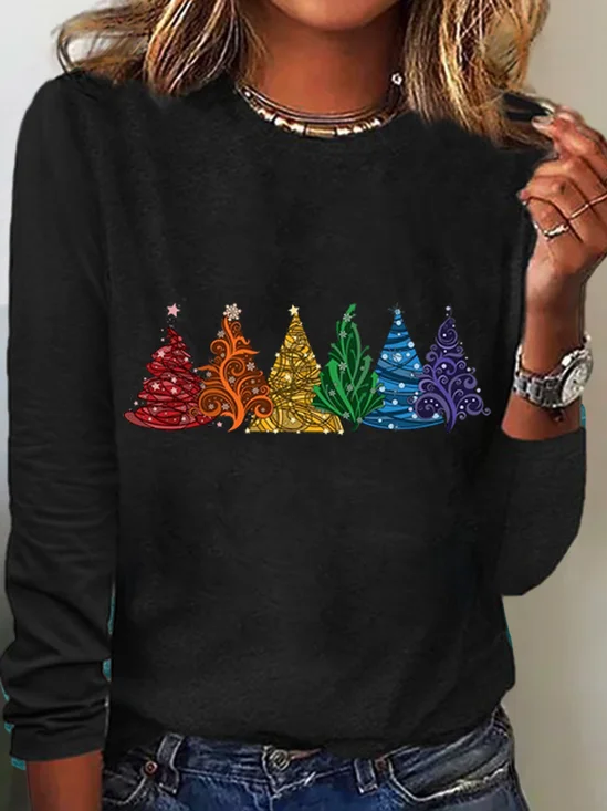 Chemises Femmes Décontracté Printemps / Automne Sapin de Noël Quotidien Coupe Régulière Manches Longues Col Rond en Mélangé de Coton Régulier