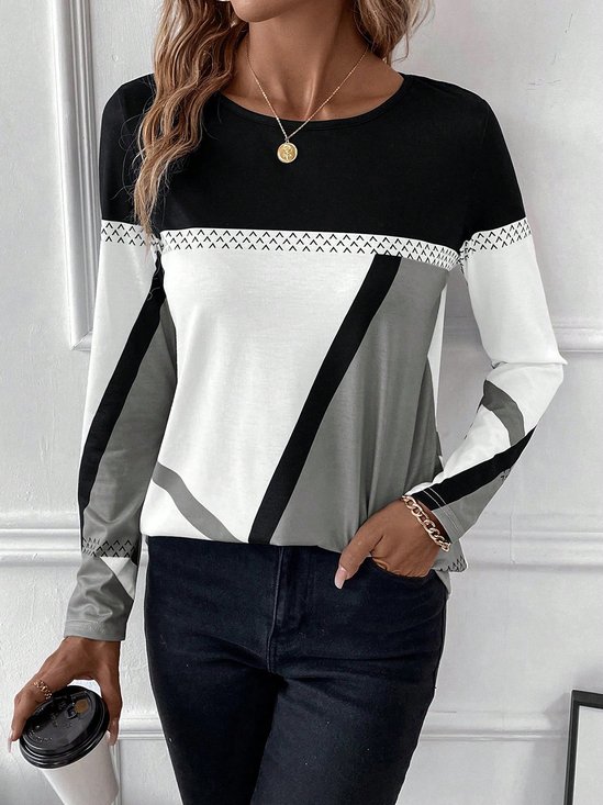T-shirts Femmes Décontracté Bloc de Couleur Printemps / Automne Ample Jersey Manches Longues Col Rond Droit Régulier