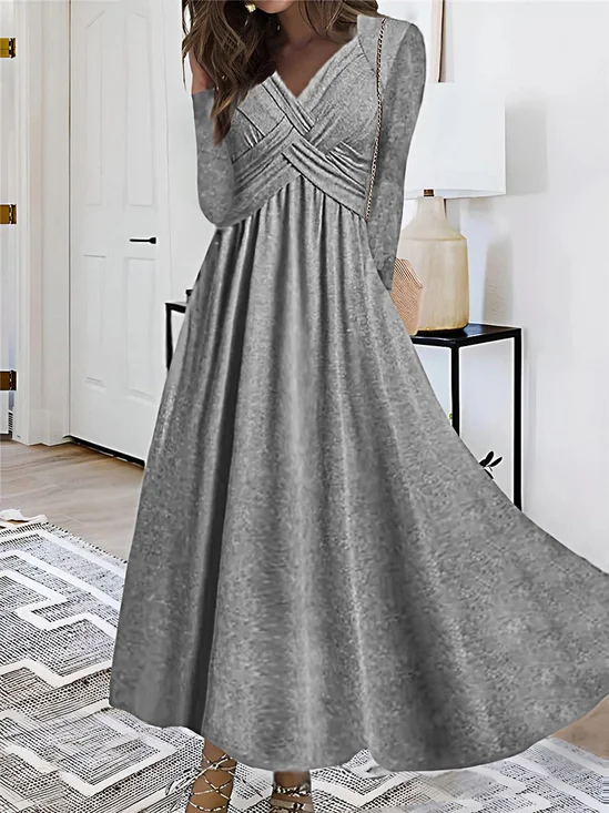 Femmes Plain Gris Col V Confortable Robe Maxi Décontracté