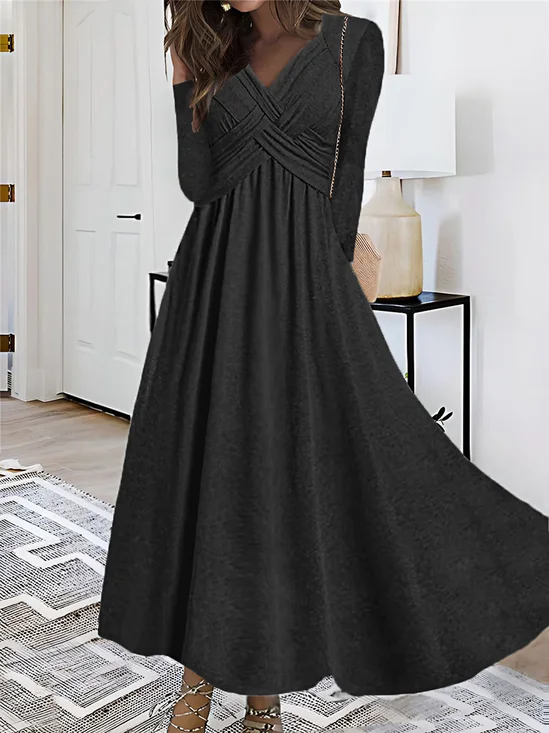 Femmes Plain Gris Col V Confortable Robe Maxi Décontracté