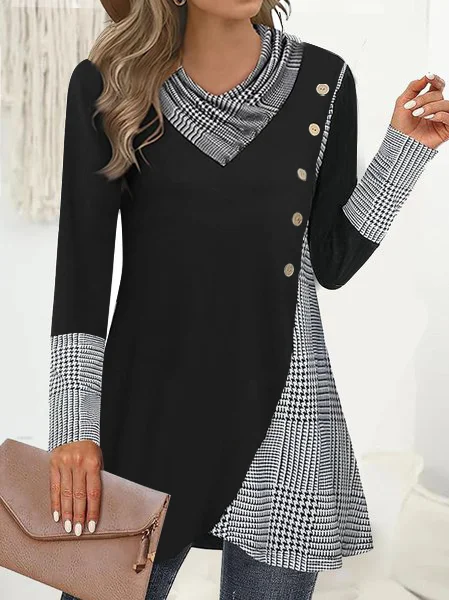 Chemisiers1 Femmes Décontracté Printemps / Automne Plaid Polyester Micro-élasticité Ample Manches Longues Mi-long Droit