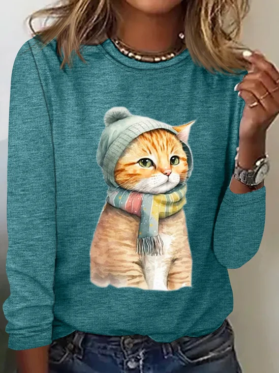 Chemises Femmes Décontracté Printemps / Automne Chat Micro-élasticité Quotidien Coupe Régulière Col Rond en Mélangé de Coton Droit