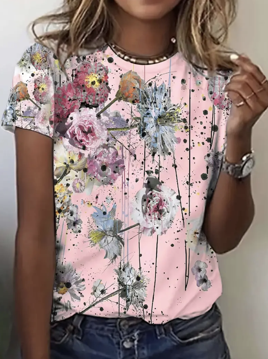 T-shirts Femmes Décontracté Floral Été à Haute Élasticité Quotidien Manches Courtes Col Rond Droit Régulier
