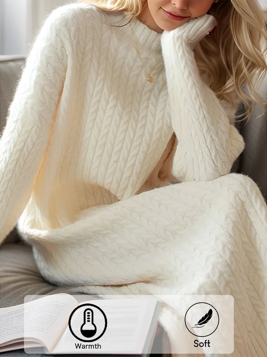 Femmes Plain Blanc Cassé Col Rond Confortable Mi-longue Robe Pull Décontracté