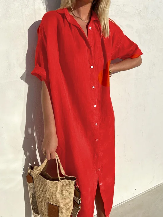Robe Chemise Décontracté Plain Été Naturel Vacances Quotidien Manches Longues Régulier pour Femmes