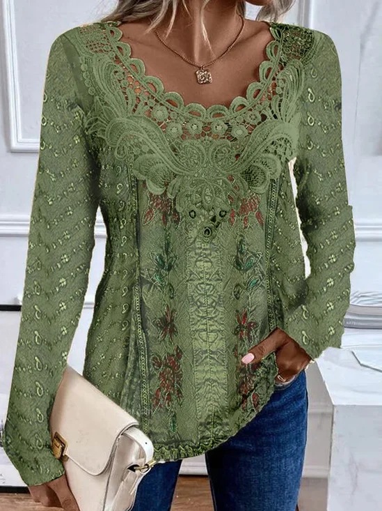 Chemisiers1 Décontracté Printemps / Automne Aléatoire Imprimé Jersey Manches Longues Col Rond Mi-long Droit Régulier pour Femmes