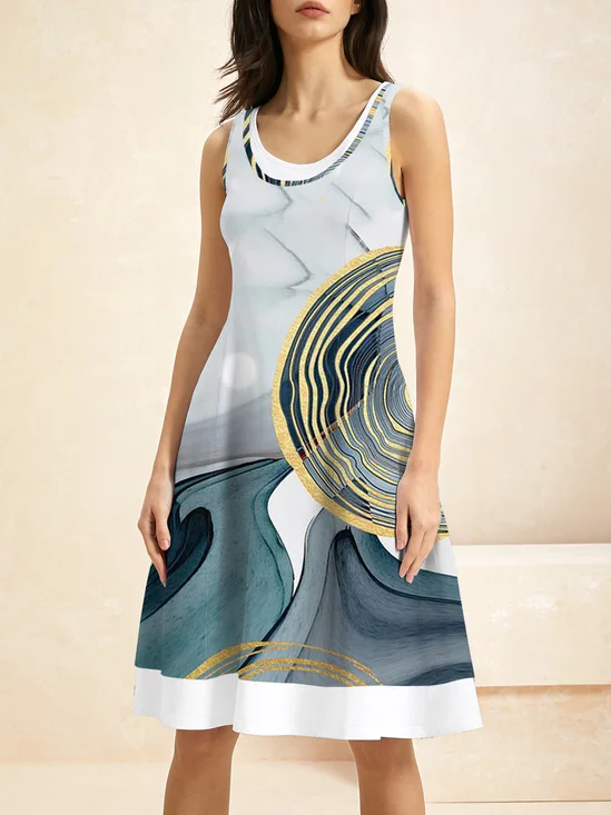 Femmes Abstrait Bleu Col Rond Confortable Robe Mi-Longue Boho