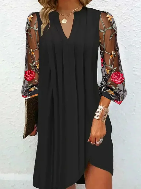 Femmes Floral Noir Col V Confortable Maille Court Robe Décontracté