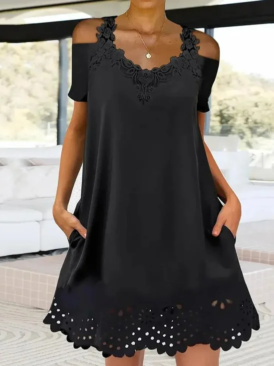 Femmes Plain Noir Col V Confortable Évidé Court Robe Décontracté