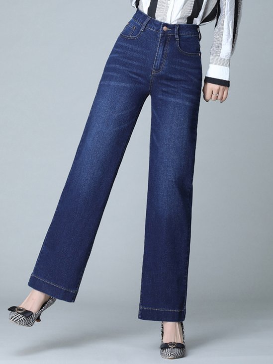 Jeans Décontracté Plain Printemps / Automne Naturel Pantalons à Jambe Large Toile de Jean Long Droit Régulier pour Femmes