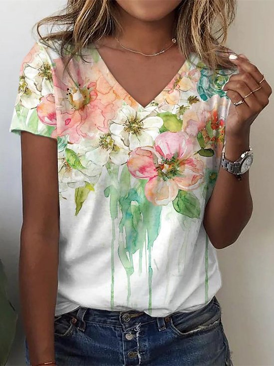 T-shirts Femmes Décontracté Floral Été Ample Jersey Manches Courtes Régulier Droit Régulier