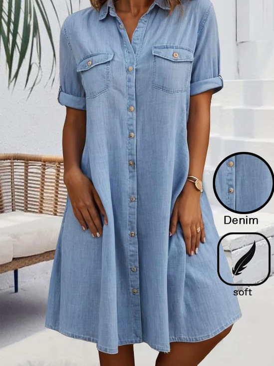 Toile de Jean Robes Femmes Décontracté Plain Été Quotidien Ample Mini Manches Courtes Droit Col de Chemise