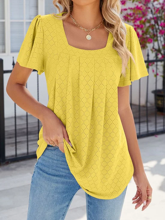 Chemises Femmes Décontracté Plain Été Polyester Col Carré Micro-élasticité Quotidien Ample Manches Courtes
